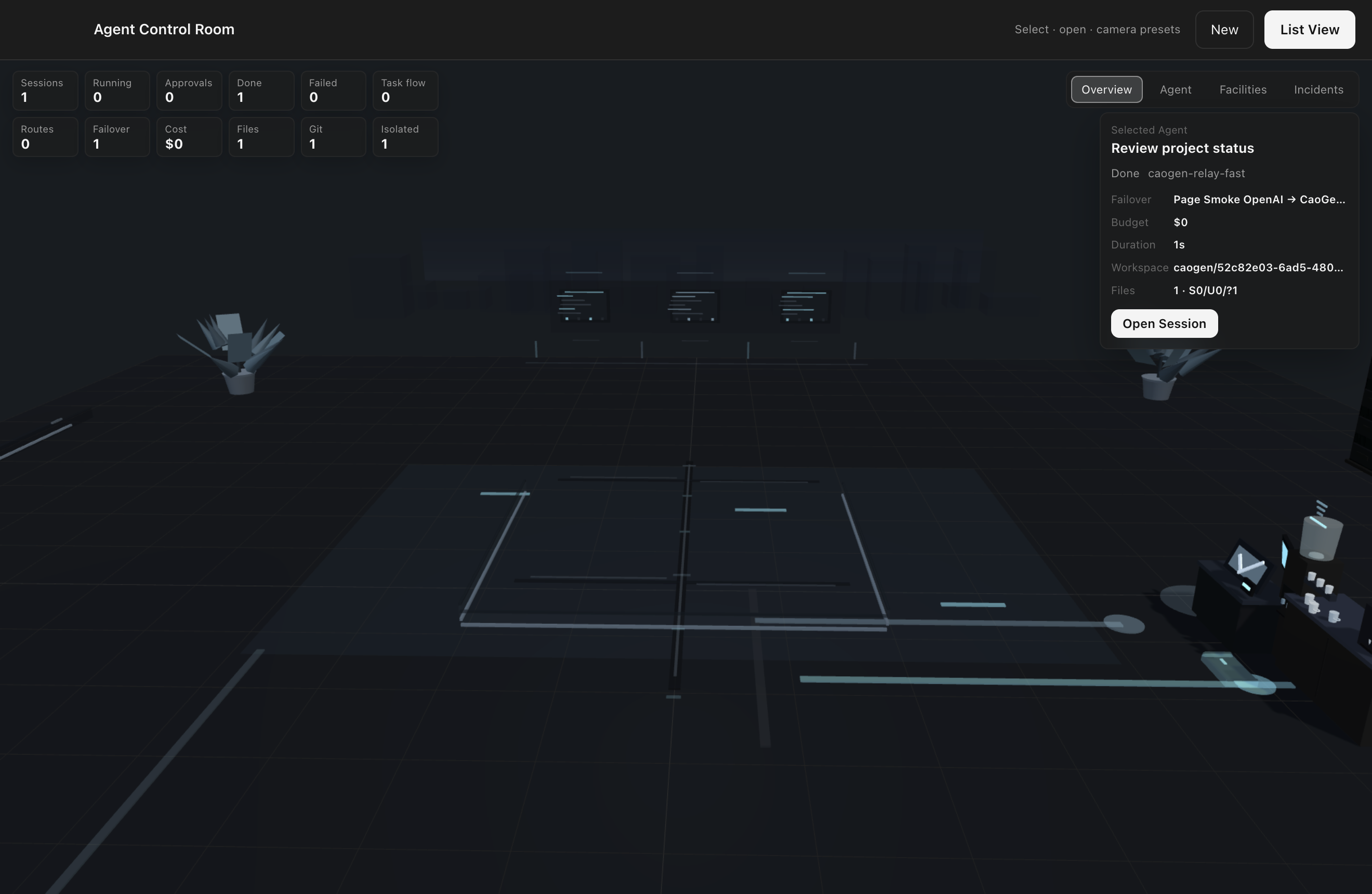 CaoGen 3D Agent control room showing real tasks, approvals, and workspace state